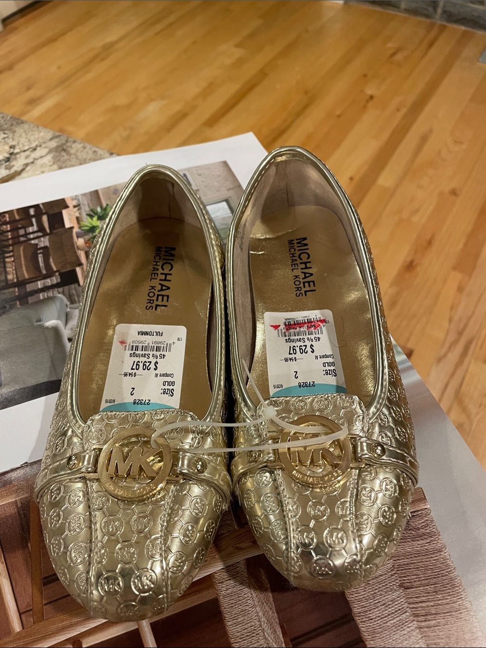 NWT Girls Michael Kors Metallic Gold Embossed Logo Ballet Flats